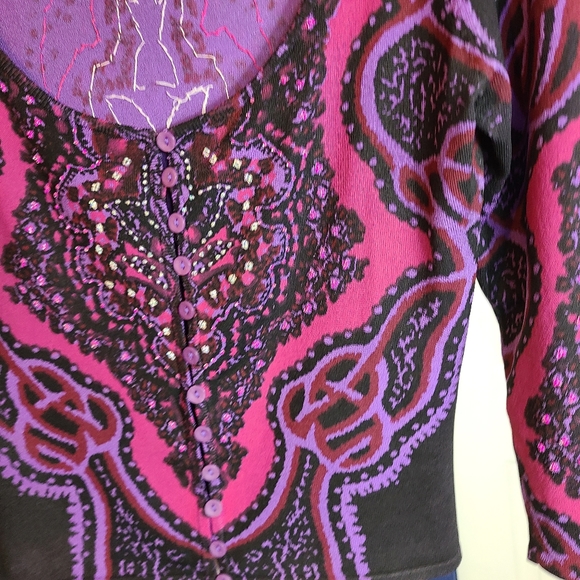 90s ๐ Betsey Johnson psychedelic funky button down 3/4 sleeves beaded cardigan! - Picture 8 of 12